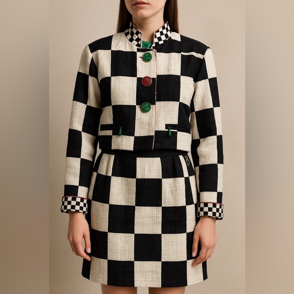 Platinum By Dorothy Schoelen Jackets & Blazers - Vintage 80s Platinum Petites Black and Cream Checkered Blazer and Skirt Set